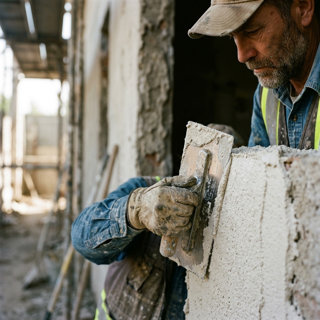 Artisan appliquant de l'enduit sur façade
